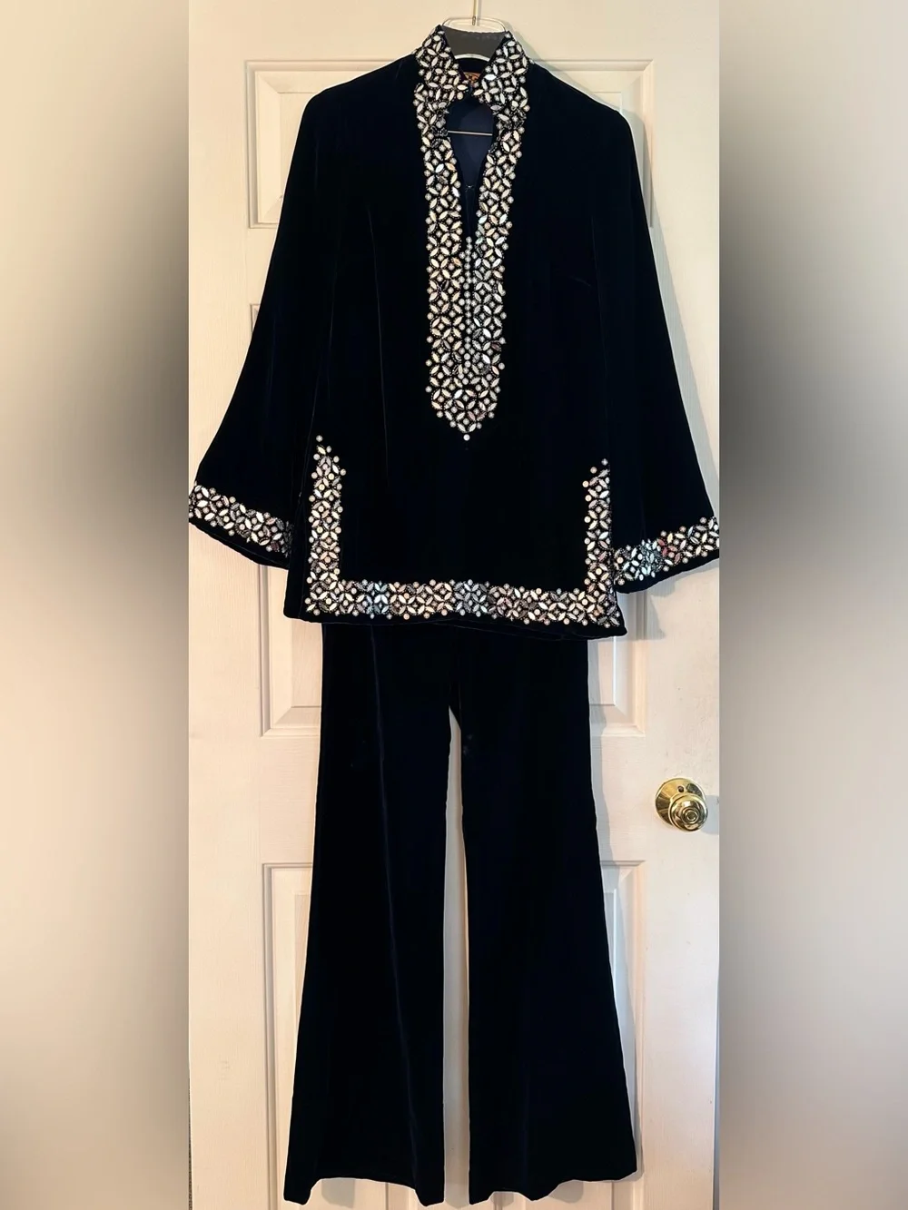 TORY BURCH 2 Vntg Hong Kong Y2K Navy Velvet Embellished Tunic Wide Leg Pants Set